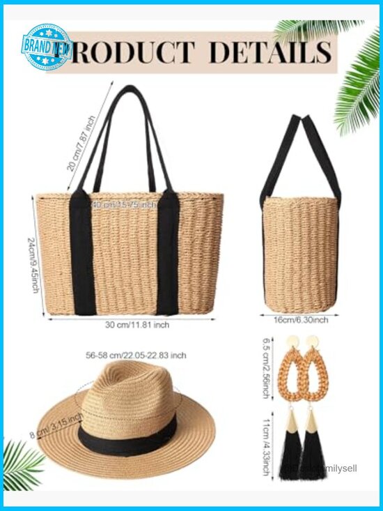Woven Rattan Straw Bag and Hat Set with Tassel Earrings for Summer Vacation main image 4